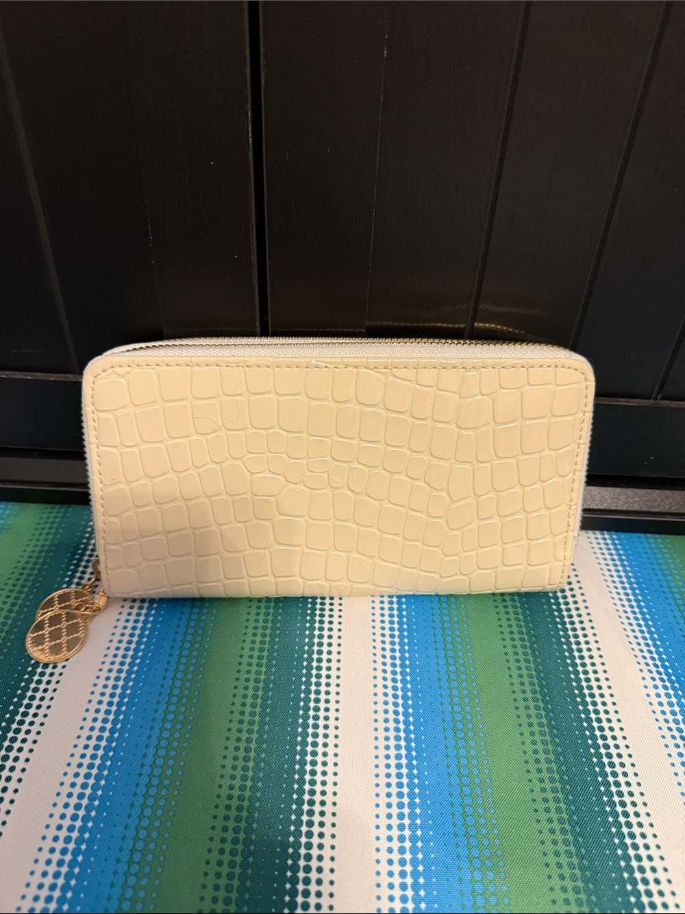 Cream Croc-Embossed Zip Wallet